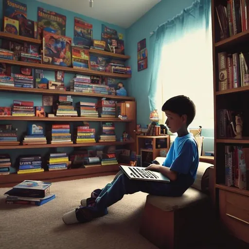 Prompt: The boy is sitting in his room. He is wearing a blue shirt . He has a laptop computer open in front of him. He is looking at the computer screen and typing. He looks focused and engaged.

The background of the photo is fool of books and technology. There is a bookshelf behind the boy. The bookshelf is filled with books and other objects.

The photo starts out with the boy sitting still. He is typing on the computer. After a few seconds, the boy starts to move. He gets up from his chair and walks over to the bookshelf. He picks up a book and starts to read. He is still focused and engaged.

The boy continues to read the book. He is so engrossed in the book that he doesn't notice the computer screen start to change. The screen starts to show images of different places and things. The boy is still reading the book, but he is now also watching the images on the screen.

The images on the screen change more and more rapidly. The boy is now completely engrossed in the images. He is no longer reading the book. He is just watching the images.

The images on the screen become so rapid that they become a blur. The boy is now completely lost in the blur. He is no longer aware of anything else. He is just lost in the blur.

The blur fades away and the boy is back in his room. He is sitting at his desk. He is still wearing the same blue shirt and jeans. He has the same laptop computer open in front of him. He is looking at the computer screen and typing. He looks focused and engaged.

The animation is a loop, so it will repeat itself indefinitely. The animation is designed to evoke a sense of wonder and imagination. The boy is clearly lost in the world of the computer, and the viewer is invited to join him. The animation is also a reminder of the power of technology to transport us to new and exciting places.