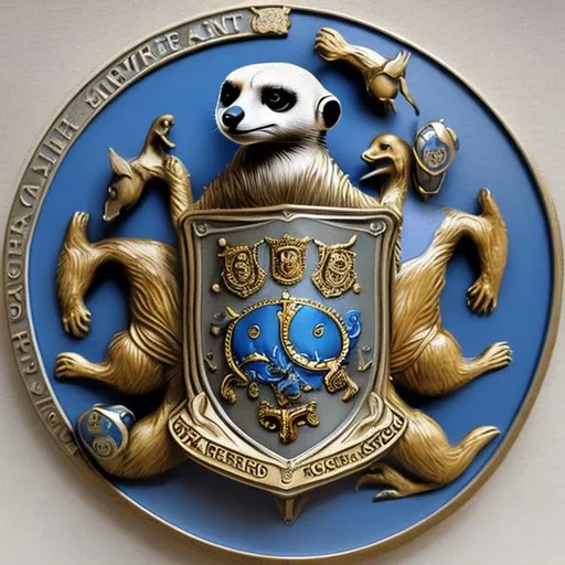 Prompt: Coat of arms, meerkat supports,  shield blue with coins and eyes