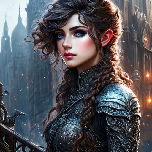 Prompt: half body portrait, female , elf, detailed face, detailed vibrant eyes, full eyelashes, ultra detailed accessories, tunic, leather armor, empty city streets background, curly messy braided hair, bangs, dnd, artwork, fantasy,inspired by D&D, concept art, ((looking away from viewer)), dark fantasy, gloomy