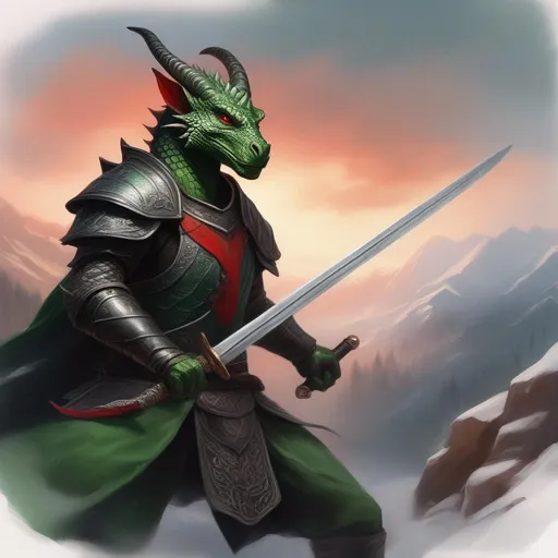 Prompt: A beautiful green and black Dragonborn with no hair, with a bright red scar on the right eye, sword fighting against a human, perfect composition, hyperrealistic, super detailed, 8k, high quality, trending art, trending on artstation, sharp focus, studio photo, intricate details, highly detailed, by Greg Rutkowski, illustration, watercolor