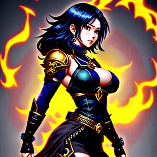 Prompt: highly detailed UHD anime goddess ( Full Body View) with black hair dark as a raven, wearing Nordic Victorian armor. While goddess having muscular body tone of arms and legs as well stomach showing abs with color flames bursting out, Queen of the Kings eyes bright as the sun.