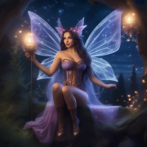 Prompt: Beautiful, full body view of a hyper realistic, buxom woman,  a fairy, witch, in a skimpy outfit on a breathtaking night with flying fairies around.