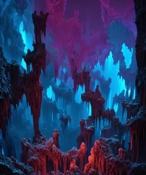 Prompt: a scary dank cave with blood on the walls, bloodfell caves, stalactites, stalagmites, Masterpiece,  photo quality,  cinematic light, ((depth of field)), fractal isometrics details bioluminescence, analogous colors, Luminous Studio graphics engine, trending on artstation Isometric Centered hyperrealist cover photo awesome full color, gritty, glowing shadows, high quality, high detail, high definition, dark fantasy