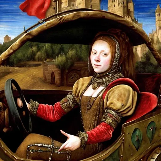 Prompt: Medieval young merchant woman driving a sportscar, dressed in velvet and brocate, oil painting, 16th century, realistic, in the style of Tizian