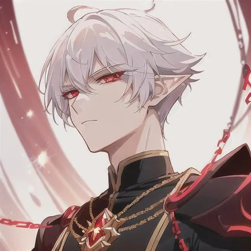 Prompt: Handsome Elf male, short white hair, extremely detailed Red sparkling eyes, a young anime man with short white hair, detailed red glowing eyes, an optimistic expression, wearing a black vampire outfit with golden chains,  fantasy, clear sparkling red glowing eyes, red eyes, intricately detailed eyes, short white hair, intricate, highly-detailed, large landscape, mechanics, dramatic lighting, gorgeous face, lifelike, stunning, anime young man face,  digital painting, large,  illustration, concept art, smooth, sharp focus, highly detailed painting, looking and smiling at viewer, full body, photography, detailed skin, realistic, photo-realistic, 8k, highly detailed, full length frame, High detail, showing full body, full body art 