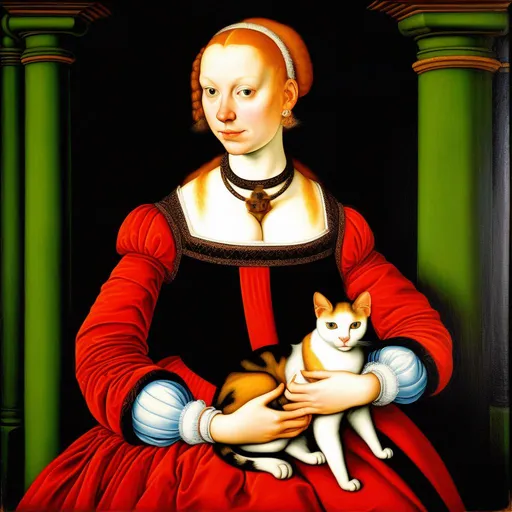 Prompt: Young beautiful lady with a cat on her lap, early 16th century, oil on canvas, in the style of Cranach, realistic, colorful, highly detailed