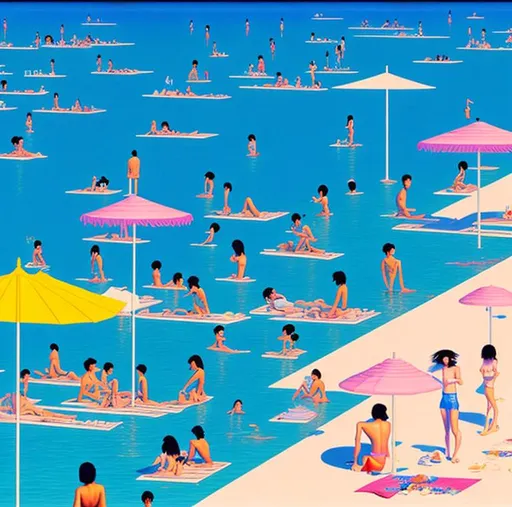 Prompt: Hiroshi Nagai art, 80s city pop, people sunbathing at the beach 