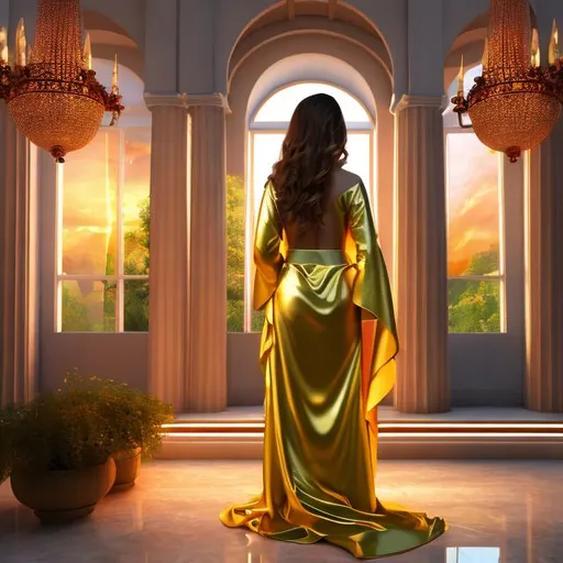 Prompt: HD 4k 3D 8k professional modeling photo hyper realistic beautiful  woman ethereal greek goddess of caution
red hair hazel eyes gorgeous face olive skin beautiful robes jewelry full body surrounded by magical glowing light hd landscape background in palace standing at window