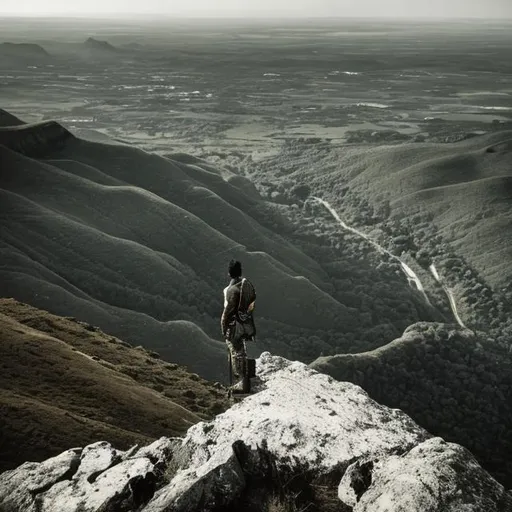 Prompt: A lone warrior standing on a mountain looking out over the landscape below him