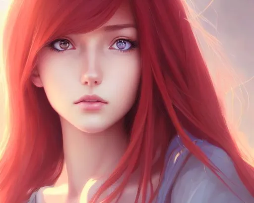 Prompt: Closeup face portrait of a 23 year old female with smooth soft skin, big dreamy eyes, beautiful intricate red colored hair, symmetrical, anime wide eyes, soft lighting, detailed face, by makoto shinkai, stanley artgerm lau, wlop, rossdraws, concept art, digital painting, looking into camera