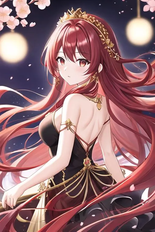 Prompt: red long hair girl wearing detailed black elegant floral gown, covered shoulders, cherry blossom night sky, crown, gold accessories, gold rose hair