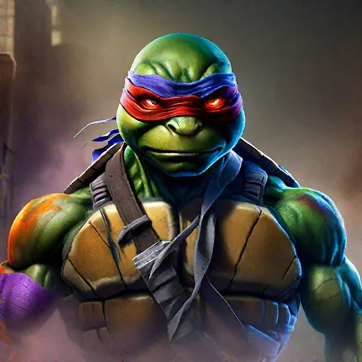 Prompt: Teenage Mutant Ninja Turtles, green, real sweaty face, realistic sweat drops, angry look, red eyes, side view, virtual reality, photorealistic, mystery, revenge, smoke, eyes mask red, orange, blue and violet