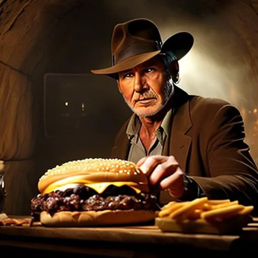 Prompt: high production movie still, Old Harrison Ford Indiana Jones {{holding a huge sloppy cheeseburger}} in a darkly lit tomb, he stares at it in awe, eating, photo realistic 4k, highly detailed image, high resolution