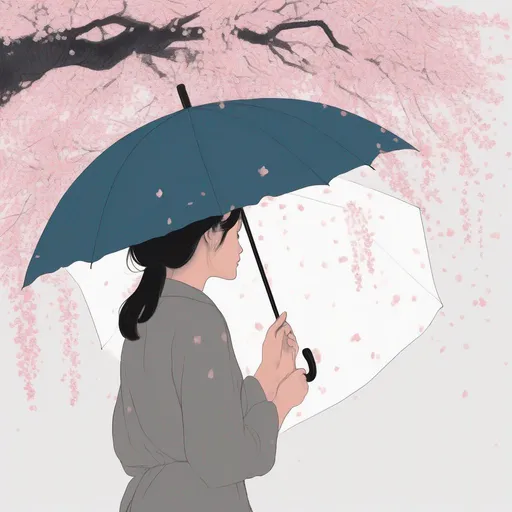 Prompt: Drawing of a woman from behind holding an umbrella with Sakura flowers dropping down  on a white background