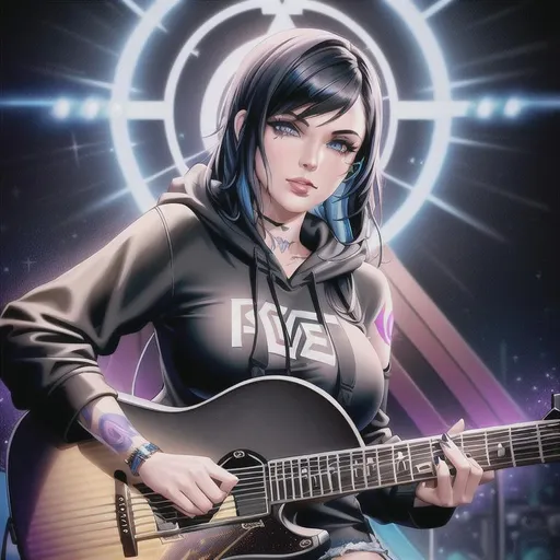 Prompt: sci fi movie poster

scenic of ultra realistic oil painting of Kat Von D in black hoodie emo top, wearing denim shorts, playing a black electric guitar, beautiful face, beautiful blue eyes, beautiful detailed nose, highly detailed beautiful gloss lips, short black hair with purple highlights, tattoos

in a recording studio, singing, silhouettes of band mates in background, bats flying in background

short black hair with purple highlights, screaming, natural light, sunshine, studio lighting, beautiful shading, vintage, cozy,

masterpiece, intricate highly fluid gouache illustration drip, volumetric lighting maximalist photo illustration 4k, resolution high res intricately detailed complex, soft focus, digital painting, digital art, clean art, elegant, professional, colorful, rich deep color concept art, CGI winning award, highly realistic, UHD, HDR, 8K, RPG, inspired by wlop, Painting By Olga Shvartsur, UHD render, HDR render, 3D render cinema 4D