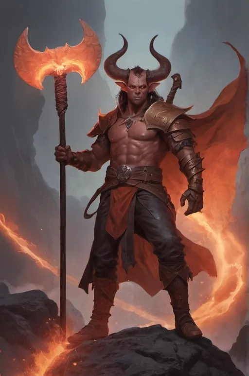 Prompt: Tiefling character, male, fantasy character art, illustration, volcanic background, holding magic great axe, magic the gathering