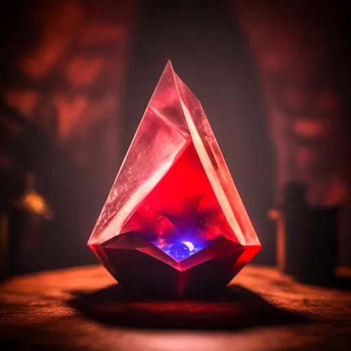 Prompt: Evil red gem emitting an aura sitting on a table in dark ambiance