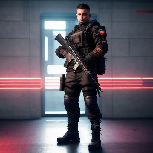 Prompt: cyberpunk soldier with rifle, hyper details, ultra realistic, volumetric light, ultra hd, 3d octan render, polish texture, sharp focus,