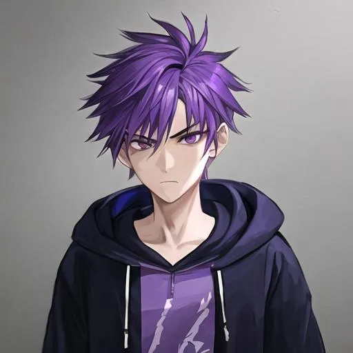 Prompt: A serious purple haired boy with short hair wearing a hoodie.