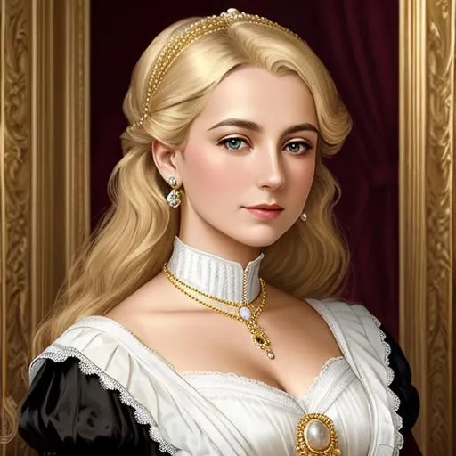 Prompt: Wealthy, stylish lady of the Victorian era, blonde hair, wearing pearl and gold jewelry ,facial closeup