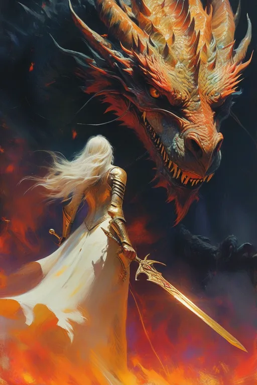 Prompt: Fantasy painting of a powerful woman holding a sword, confronting a fierce dragon, featuring another warrior woman also wielding a sword, vibrant colors, dramatic lighting, inspired by Greg Rutkowski’s art style, vivid details, ethereal atmosphere, intense emotions, mythical elements, high-quality art, masterpiece concept art by Bayard Wu.