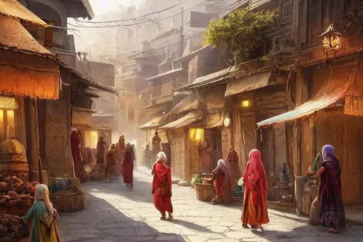Prompt: An impression of the streets of Kivi, an high fantasy, arabic inspired dessert town inhabited by humans and elves, vibrant colours, marketplace, perfect composition, hyperrealistic, super detailed, 8k, high quality, trending art, trending on artstation, sharp focus, studio photo, intricate details, highly detailed, by greg rutkowski