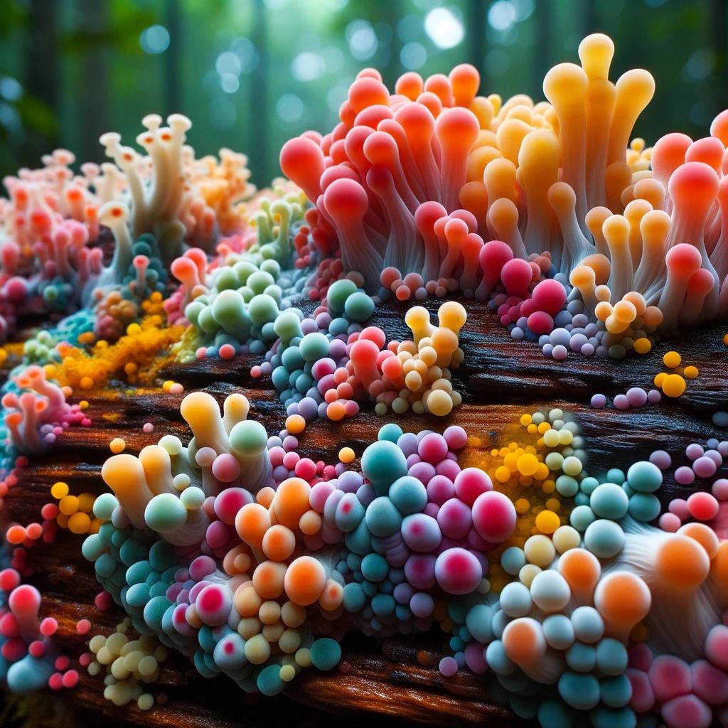 Prompt: Photo of colorful slime mold colonies growing on a decaying log.