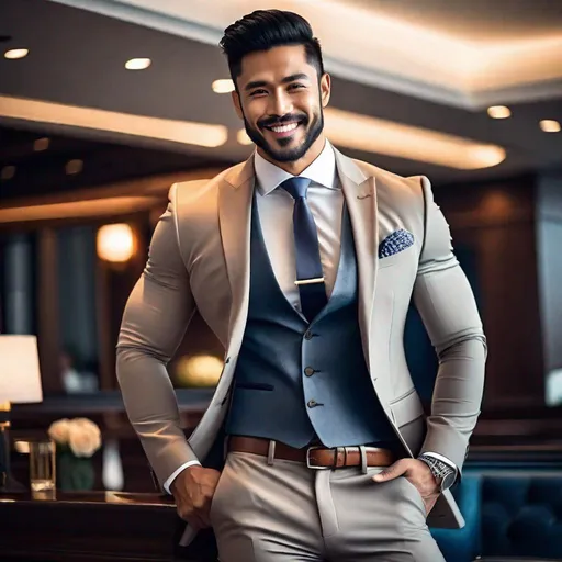 Prompt: Attractive, pretty, very muscular, large shoulders, southeast Asian man, small beard, tight clothes, confident posture, smiling, professional ambiance, high quality, realistic, cool tones, lighting, professional, realistic, detailed, confident, tailored suit, smiling, masculine, muscular, high quality, cool tones, professional ambiance