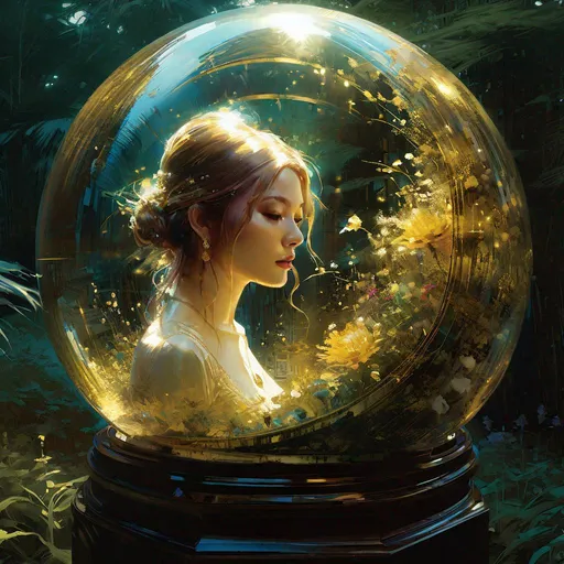 Prompt: """"""garden of intricate beauty, mesmerizing, enclosed in a glass sphere""", 4k. 64Mb photo, delicate, intricate, golden hour, by Jeremy Mann, Carne Griffiths, Junji Ito, Robert Oxley, anna dittmann, a masterpiece, trending on artstation, particles, digital art, highly detailed fine art, sharp focus""""""""""