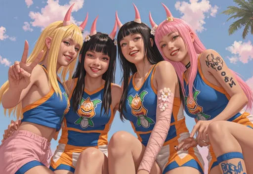 Prompt: This is a realistic digital artwork in a bright realistic style from a POV looking up from the ground at four young Japanese Oni-demon cheerleaders standing in dynamically casual poses, closely together looking down at the viewer against a bright, blue sky with scattered clouds and a palm tree in the background.  The palette is pastel, with soft colors.

All three Oni-women are wearing blue cheerleader uniforms with orange trim and the same graphic of a cartoonish, green-haired character with a menacing expression. 

Each woman has distinct, colorful hairstyles, and all have two large, distinctive pinkish-red Japanese Oni-style horns sticking up from their foreheads.  They accessorize with spikes and floral elements. The woman on the far left has long, straight blonde hair and She also has pink pants and is making a peace sign with her right hand. The second woman from the left has black hair with blunt bangs, and dark lipstick. Her left arm is wrapped in a pink bandage. The third woman has long, straight black hair and has a tattoo on her right arm that reads "GOD" in black letters. The woman on the far right has long, pink hair, dark lipstick, and has a tattoo on her left arm that reads "DREAM." All four women have light to fair skin and are smiling with a playful, slightly mischievous expression. The image is a soft diffuse pastel pallet in color and tone, with detail, with a focus on the characters' unique styles and the bright, sunny background.