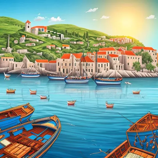 Prompt: Fisherman boats sailing into the port in the morning, realistic detailed illustration. The port is on the island of Cres, Croatia