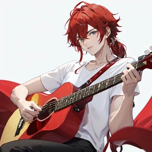 Prompt: Zerif 1male (Red side-swept hair covering his right eye) playing the guitar at a concert, UHD, 8K, highly detailed