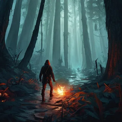 Prompt: Imagine a man walking through the dark forest, the man is scared and the only thing he has is a torch. Hyperrealistic, splash art, concept art, mid shot, intricately detailed, color depth, dramatic, 2/3 face angle, side light, colorful background