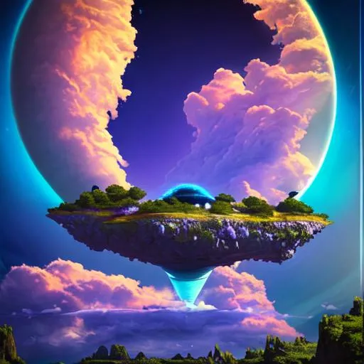 Prompt: dreamy photograph of an azure alien home, alien flora and fauna, sapphire sky, perfect viewpoint, highly detailed, wide-angle lens, beautiful sky, polarizing filter, natural lighting, vivid colors, everything in sharp focus, HDR, UHD, 64K