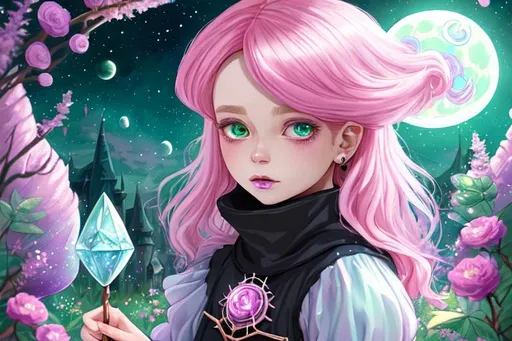 Prompt: Witch, aesthetic, pastel, beautiful, pink hair,painting, fairycore, cute, flowers, beautiful eyes, soft, art, rpg, sweet, crystals,green garden ,highres, illustration, Steven universe, moon, stars, space, sci fi,wonderland, lantern