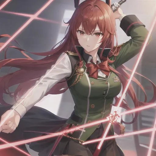 Prompt: ((best quality)), ((illustration)), ((masterpiece)), hyperrealistic, Murata Himeko, Honkai Impact 3rd, red hair, green military uniform, camouflage, top jacket, epaulettes, laser gun, red beam gun
