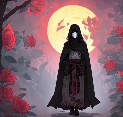 Prompt: A young woman wearing a cloak, a mask made of cloth covers her lower face, walking through a garden of roses, under the full moon, with a katana on her waist