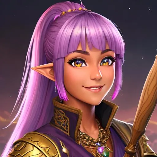 Prompt: oil painting, D&D fantasy, tanned-skinned-gnome girl, tanned-skinned-female, short, beautiful, short bright purple hair, bangs and ponytail hair, smiling, pointed ears, looking at the viewer, Wizard wearing intricate wizard outfit, #3238, UHD, hd , 8k eyes, detailed face, big anime dreamy eyes, 8k eyes, intricate details, insanely detailed, masterpiece, cinematic lighting, 8k, complementary colors, golden ratio, octane render, volumetric lighting, unreal 5, artwork, concept art, cover, top model, light on hair colorful glamourous hyperdetailed medieval city background, intricate hyperdetailed breathtaking colorful glamorous scenic view landscape, ultra-fine details, hyper-focused, deep colors, dramatic lighting, ambient lighting god rays, flowers, garden | by sakimi chan, artgerm, wlop, pixiv, tumblr, instagram, deviantart