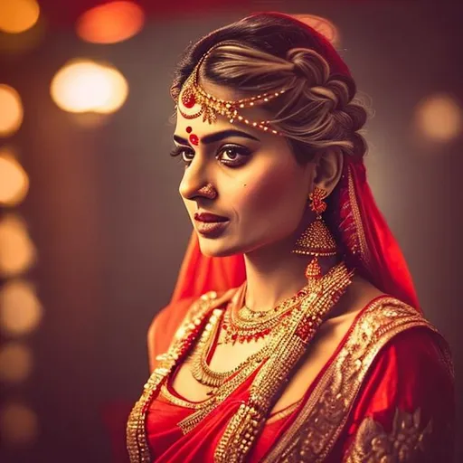 Prompt: An indian bride, in a red saree and bindi on her forehead and her hair style must be a braid ,also diamond and flowers on her hair
