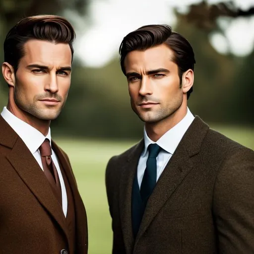 Prompt: Photo. Two extremely handsome men from the waist up. Blurred background in rich forest greens and soft pinks. The image should evoke California. 

Man one: handsome, Irish lawyer, mid-thirties, well-tailored suit, confident, dark brown hair cut in a high and tight style. Piercing blue eyes. expression a mix of intensity and vulnerability. Standing behind man 2.

Man 2: a plain-clothes police detective, Armenian descent, mid-thirties, simple button-up shirt and trousers, LAPD badge on his belt, shoulder holster. Dark brown hair, neat brush cut. Handsome, muscular. Light brown eyes. His expression determined and longing.