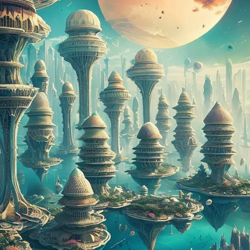 Prompt: Floating cities with lightweight structures with flowing, aerodynamic forms. Buildings are adorned with colorful fabrics and intricate lattice patterns, blending harmoniously with the vibrant hues of the planet's atmosphere. Breath-taking, magnific, futuristic.