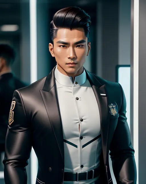 Prompt: perfect composition, {30 year old}, lean {average looking half Korean half indian man}, wearing futuristic {shirt and future tech coat}, {coat of arms on clothes}, {brunette hair slicked back}, clean shaven, extra masculine, peak fitness, determined expression, looking at viewer, 8k eyes, detailed face, wlop, stanley artgerm lau, artstation, hd, octane render, hyperrealism intricate details, 8k, cinematic volumetric light, proportional, art trending on artstation, sharp focus, studio photo, intricate details, highly detailed, intricate artwork masterpiece, ominous, intricate, epic, trending on artstation, highly detailed, vibrant, production cinematic character render, ultra high quality model, 