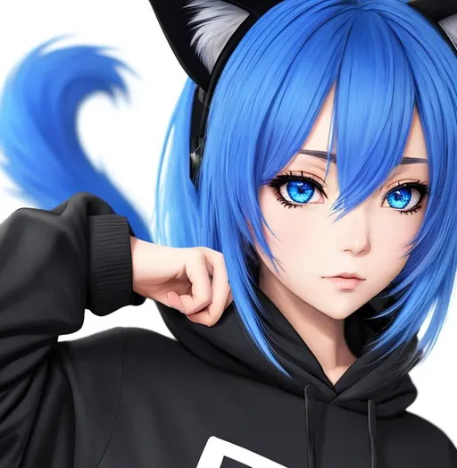 Prompt: Blue hair, cat ears, anthropormphic anime girl, emo, wearing heaphones, blue eyes, looking at the camera, black hoodie,  , beautiful photography, highly detailed, hd, 4k, 8k