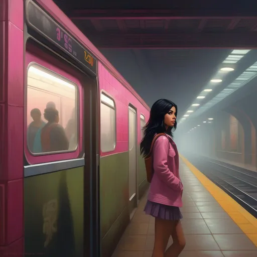 Prompt: Third person, gameplay, Mexican girl, pale olive skin, black hair, dark brown eyes, late 2010s, abandoned subway station, foggy, dark pink atmosphere, cartoony style, extremely detailed painting by Greg Rutkowski and by Henry Justice Ford and by Steve Henderson 