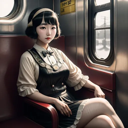 Prompt: old time photo of young Korean girl, dressed with 1920s hair, dressed like flapper, sitting on train, raw photo, photorealistic, High Detail, dramatic, UHD, HDR raw photo, realistic, sharp focus, 8K high definition, insanely detailed, intricate, high quality, 