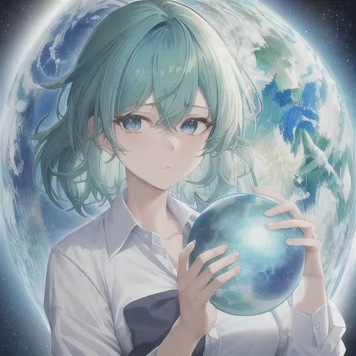 Prompt: Blue and green hair, cute woman, baggy white shirt, holding a planet, both hands holding, looking at hands, best quality, high quality, 64k, high res, focus, no backround, half hair green, half hair blue, worried, frown, blue eyes