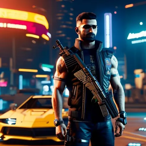 Prompt: Cyberpunk 2077 Pakistani shoulder in front of a car ready for fight 