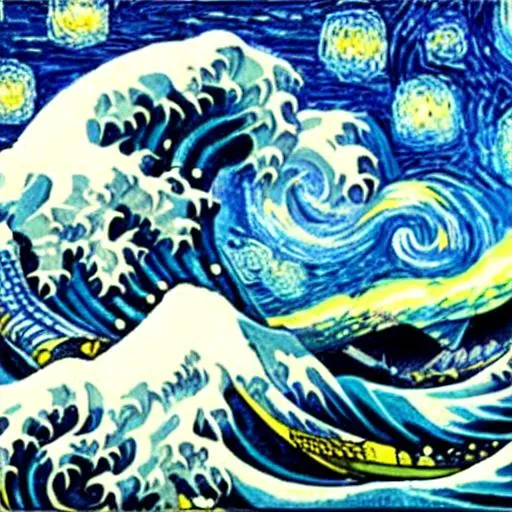 Prompt: hybrid portrait of the great wave by Kanagawa and the starry night by van gogh in anime style, hyper realistic and high definition and landscape 