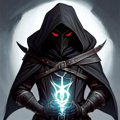 Prompt: portrait of an elf assassin in a hooded cloak with a mask covering his face showing glowing eyes and wearing leather armor
