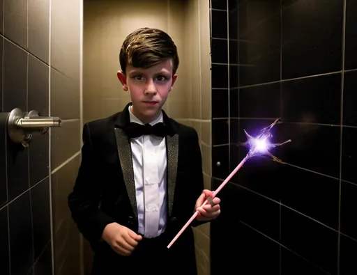 Prompt: 13 year old boy cast a crazy magic spell on someone inside the toilet stall with his magic wand from the outside. Only show the outside of the stall. Lots of sparkle magic from the magic spell spewing out from the top of the stall. Show the boy in the tuxedo with his magic wand casting the spell outside the stall 